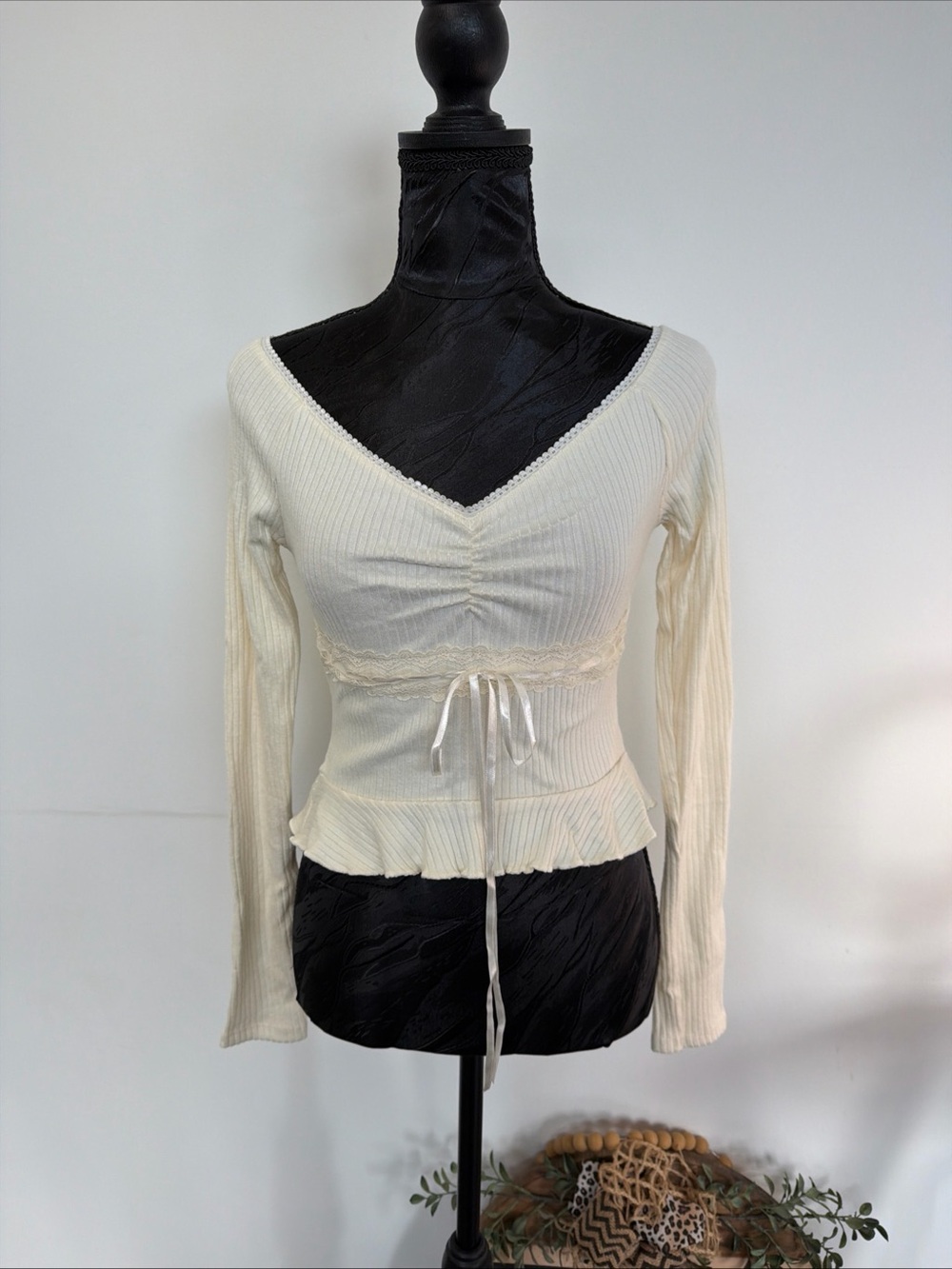 Urban Outfitters Cream Ribbed Lace-Trim V-Neck Long Sleeve Top